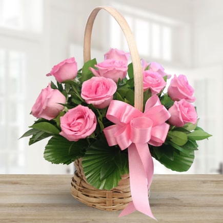 12 Pink Rose Basket Flowerzila